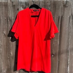 Zara red shift dress with ruffled sleeves (M).